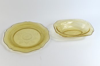 Vintage Amber Yellow Depression Glass Serving Plate & Bowl - 2 Total