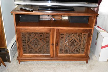 Custom Made Maple Entertainment Cabinet With Detailed Inlayed Doors & Built In Power Strip