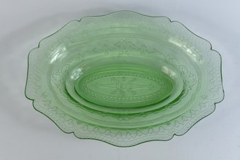 Vintage Etched Green Depression Glass Serving Dish Bowl