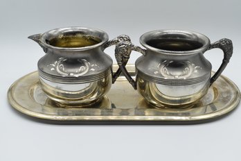 Rogers Silver Company Creamer & Sugar Bowl W/ Silver Plated Tray - 3pcs Total