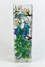 Glass Vase Hand Decorated With Colorful Peacock & Flowers
