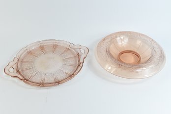 Vintage Pink Depression Glass Rolled Edge Centerpiece Bowl & Serving Tray - 2 Total