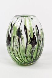 Vintage 1977 Double Blown Handmade Oval Art Glass Vase Signed L. Hudin Featuring Angelfish Decorated