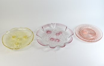 Yellow Topaz Depression Glass Tri Footed Serving Plate Mikasa Pink Rosella & Vintage Swirl Pattern Pink Plate