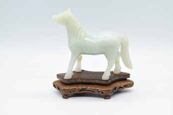 White Jade Horse Carving On Wooden Base