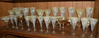 Frosted Hand Decorated Glasses Flutes Margarita Cocktail Glasses - 33pcs Total