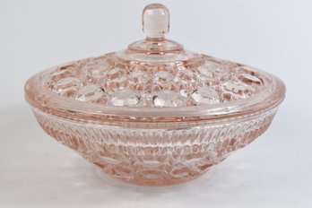 Vintage Indiana Federal Glass Windsor Button Cane Pink Covered Candy Dish