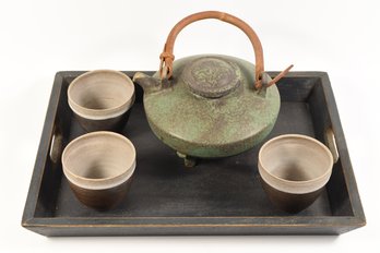 Vintage Oriental Styled Ceramic Pottery Tea Set - 5pcs Total