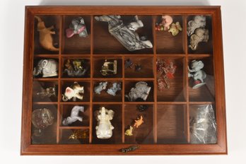 Wooden Display Case W/ Assorted Elephant Trinkets & Figurines