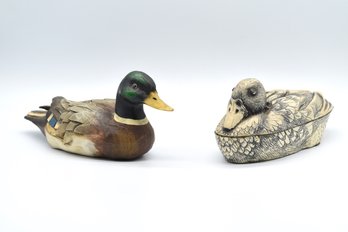 Pair Of Resin Mallard Ducks With Hidden Etched Duck Plaque - 2 Total