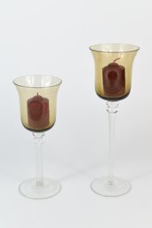 Pair Of Glass Pedestal Candle Holders - 2 Total