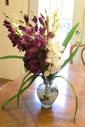 Glass Table Vase With Purple & White Faux Flowers