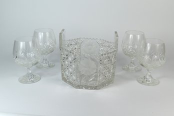 Cut Glass Ice Pale With 4 Wine Glasses - 5pcs Total