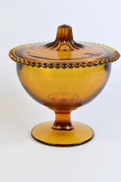 Vintage Stemmed Compote Amber Indiana Glass Candy Dish Beaded Edge