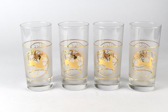 Vintage Culver Signed Frosted Glass Gold Reindeer High Ball Glasses Set Of 4 Mid Century Modern MCM Barware