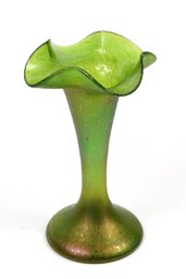 Art Glass Loetz Kralik Style Hand Blown Ruffled Edge Iridescent Bud Vase