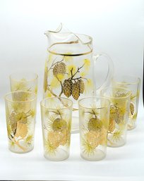 Vintage MCM Pine Cone Gold Inlay Glasses & Pitcher 7pc Set