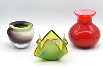 2 Glass Vases & Ornate Glass Candle Holder - 3pcs Total