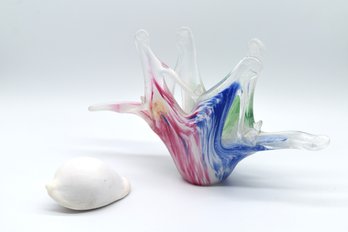 Murano Style Abstract Crystal Dish & Seashell