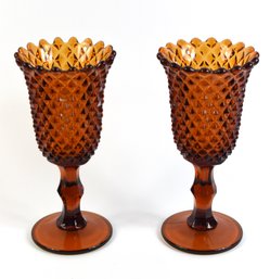 Pair Of Cut Glass Amber Footed Vases - 2 Total