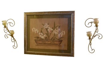 Framed Floral Print With 2 Candle Wall Sconces