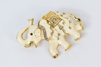 Enameled White Elephant With Rhinestones Brooch Pin And Gold Toned Accents