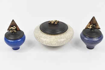 Raku Pottery Halfmoon Studios Matching Vessels With Lids - 3 Total
