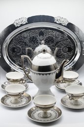 Bavazja Fine China Tea Pot Cups Plates & Engraved Serving Platter Tray  14pc Set