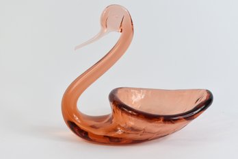 Vintage Hand-Blown Art Glass Pink Swan Trinket Dish