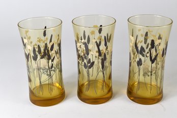 Hand Painted Glasses With Amber Colored Base - 3pcs Total