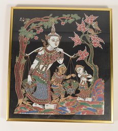 Thai Silk Tapestry In Gold Toned Frame