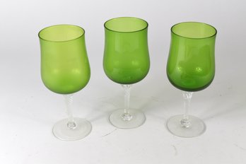 Twisted Stem Green Glass Goblets - 3pcs Total