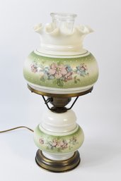 Milk Glass Hurricane Table Lamp Decorated With Floral Design