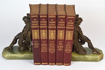 Bronze Bookends With Marble Base Plus The Modern Reader's Shakespears Books Volume 1-5