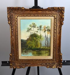 Tropical Landscape Oil On Canvas Painting In Ornate Gold Toned Frame Signed Wilson