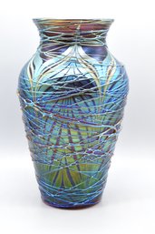 Beautiful Orient & Flume Iridescent Threaded Art Glass Vase Signed & Numbered
