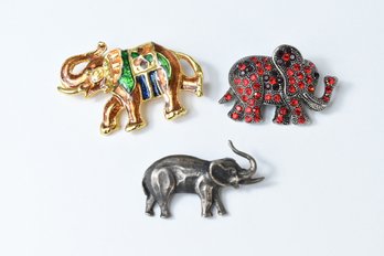 Gold Toned & Studded Elephant Brooch Pins  - 3 Total