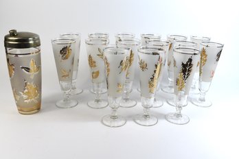 Mid-Century Libbey Golden Foliage Pilsner Glass Set Of 15 Frosted With Gold Leaf Inlay & Tumbler - 16pcs Total