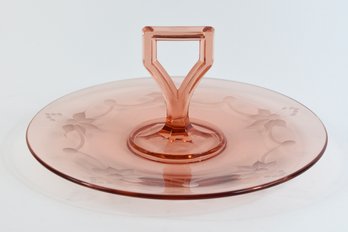 Pink Etched Glass Handled Serving Platter Tray