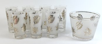 Mid-century LIBBY Silver Leaf Frosted Drinking Glasses Classic Vintage Barware Set Of 7 With Ice Pale