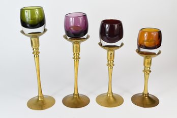 Art Deco Brass Base Candle Holders With Colored Glass Tops - 4 Total