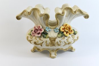 Capodimonte Italian Centerpiece Vase Basket With Colorful Applied Flowers & Footed Base