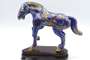 Beautiful Chinese Asian Enameled Horse With Gold Inlay Censer On Wood Stand