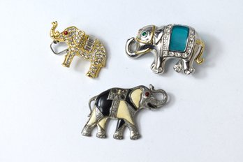 Enameled Gold & Silver Toned Studded Elephant Brooch Pins - 3 Total