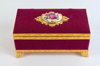 Burgandy Fabric With Gold Toned Trim Musical Jewelry Box