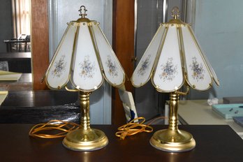 Pair Of Brass Plated Glass Pained Touch Table Lamps - 2 Total