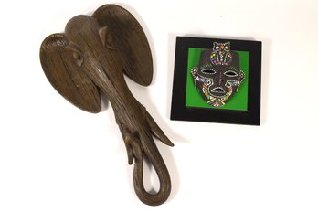 Tribal Mask On Plaque & Resin Elephant Wall Decor - 2 Total