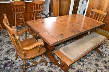 Beautiful Custom Made Rock Maple Dinning Table W/ Benches Extra Leaf & Matching Chairs.