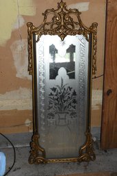 Ornate Wood Framed Frosted Mirror Decorated In Floral Design