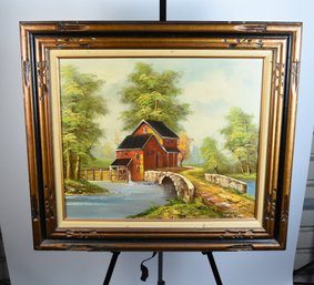 Country Landscape Oil On Canvas Painting In Wood Frame Signed
